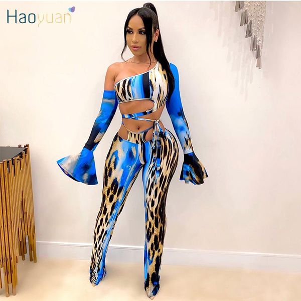 

leopard print two piece set jumpsuit one shoulder bandage crop bodycon pants fashion streetwear matching sets women's jumpsuits & r, Black;white