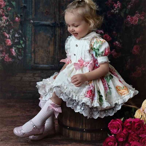 Kinder Boutique Spanische Blumenkleider für Mädchen Türkei Vintage Stil Baby Kleider Säugling Taufe Kleid Kleinkind Vestido 210317