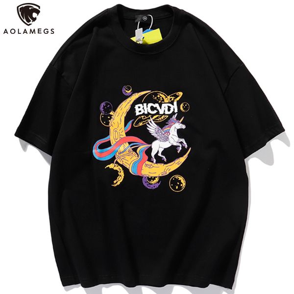 

men's polos aolamegs t-shirt of cartoon men moon horse planet print college style t-shirts summer casual cozy high street harajuku stre, White;black