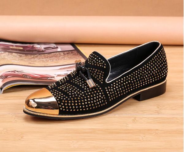 

dress shoes 2021 fashion casual formal for men black genuine leather tassel wedding gold metallic mens studded loafers 38-46