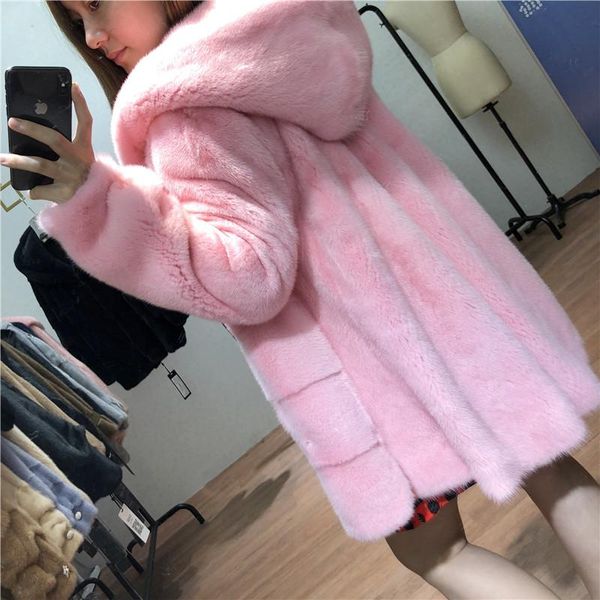 

women's fur & faux 2021 outerwear coats fashion velvet mink hooded, Black