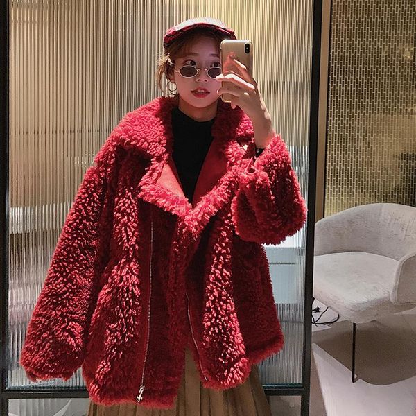 

women's fur & faux 2022 women winter fashion thicken warm short outwear female lamb jackets ladies motorcycle casual solid coats u937, Black
