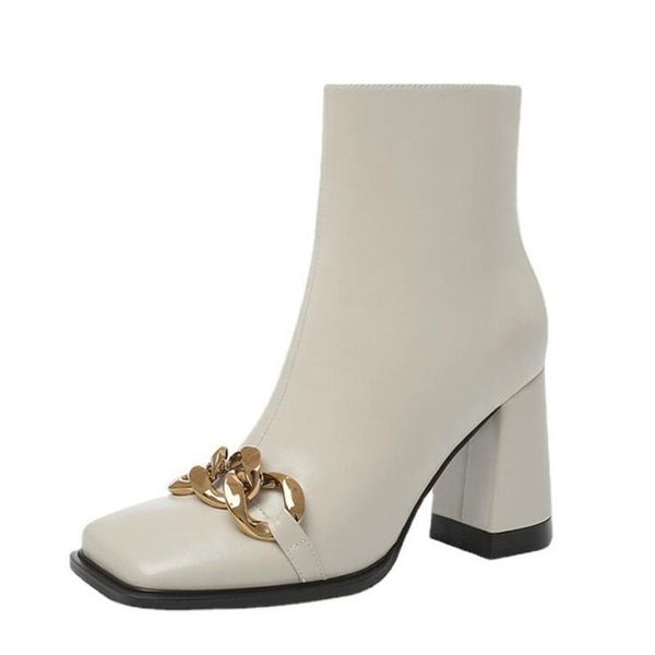 

boots autumn winter women's high heel retro british style short fashion square head metal chain warm, Black