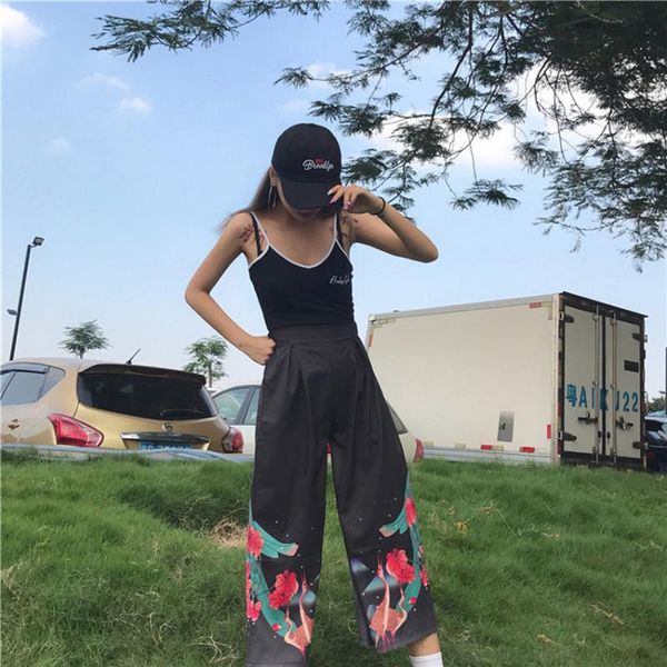 

man woman wide leg pants japanese style harajuku ukiyo wave print casual elastic cartoon leisure loose harem trousers ethnic clothing, Red