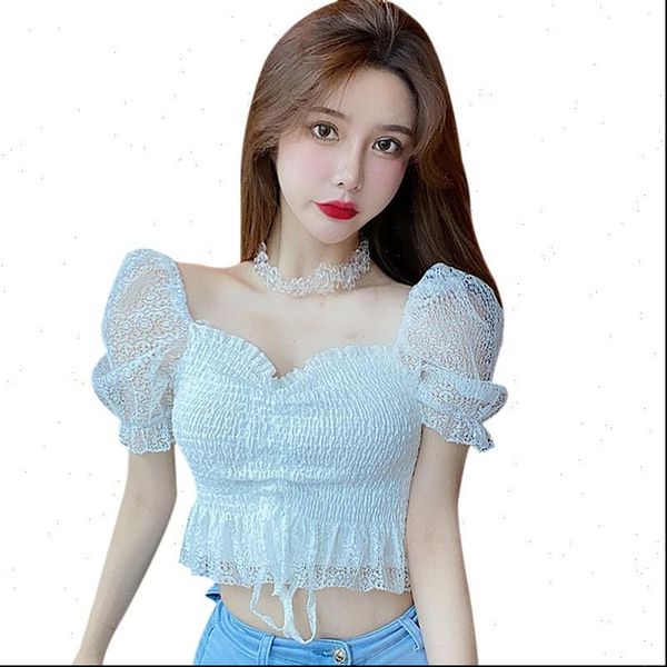 

elegant square collar summer women shirts short sleeve solid color sweet korean style, White