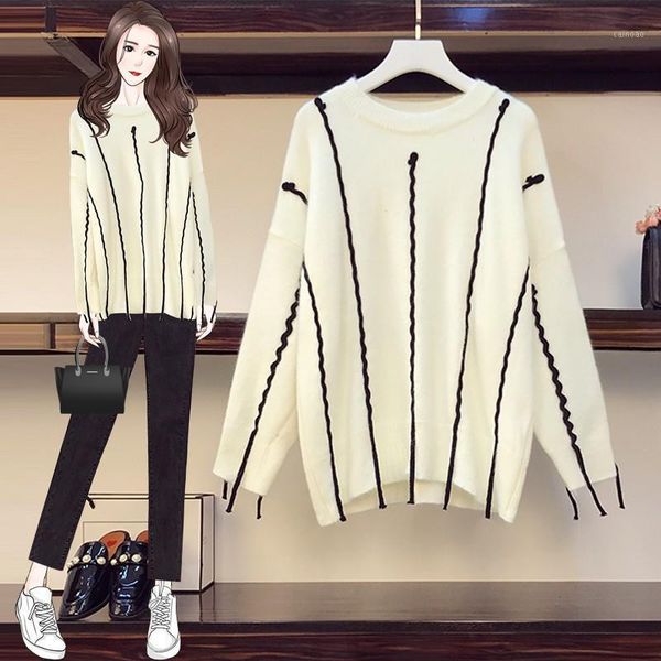

plus size 4xl 2021 autumn winter ladies striped sweater woman cotton casual loose women pullover o-neck ching women's sweaters, White;black