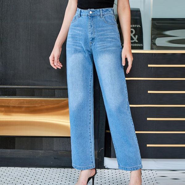 

women retro style high waist solid color wide leg jeans spring autumn street slim straight ladies women's, Blue