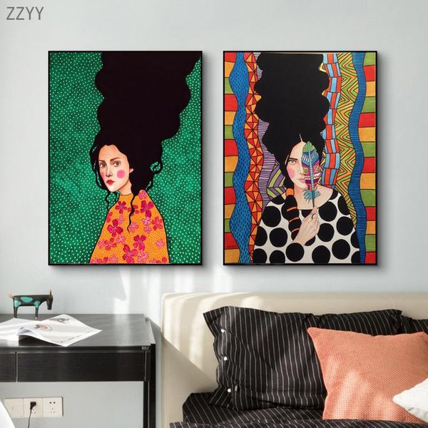 

paintings the long hair woman girl portrait art canvas painting colorful with flower wall poster abstract picture room home decor