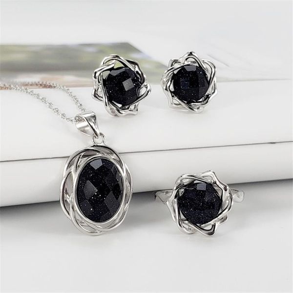 

natural stone 925 pure sterling silver retro jewelry set glitter blue/black onyx agate blue turquoise necklace stud earring ring bracelet, e