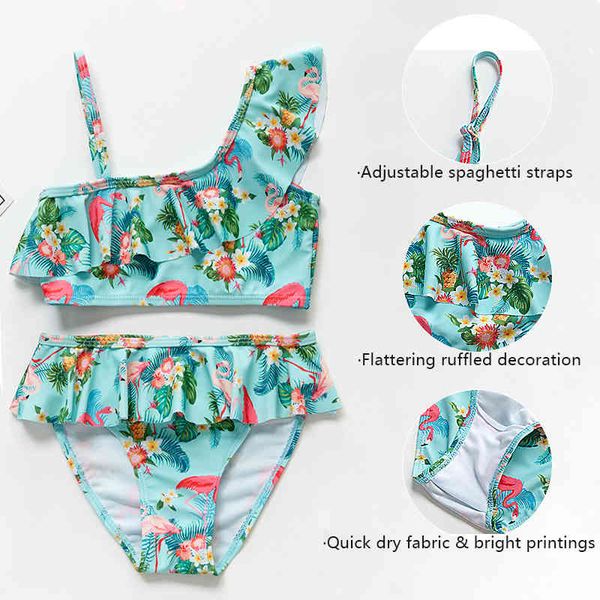 

girls founce ruffle bikinis slop shoulder bottom two pieces swimsuit 3-10y print floral kids ruffled trim bikiniby