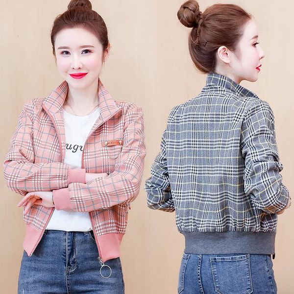 

women's spring and autumn fashion jacket casual korean simple plaid short women coat plus size s-2xl jackets, Black;brown