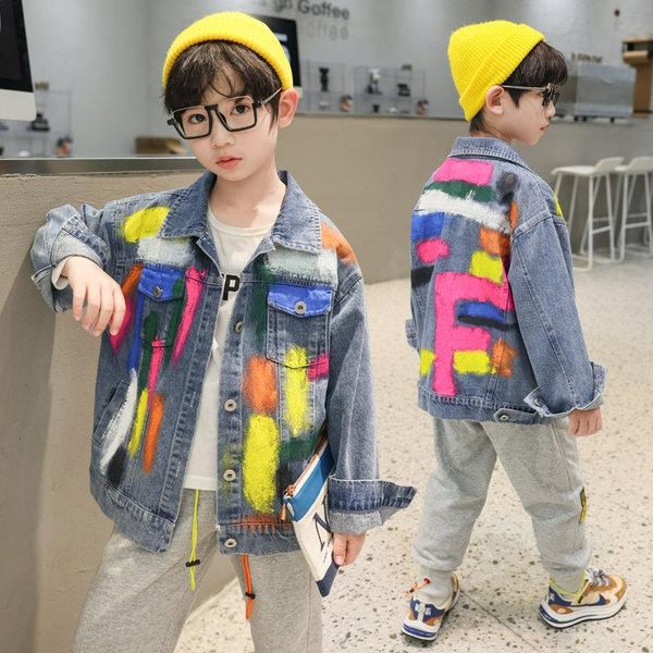 

jackets baby boys denim 2021 fashion spring autumn cool tie-dye coats children's graffiti print windbreaker outerwear 4-13years, Blue;gray