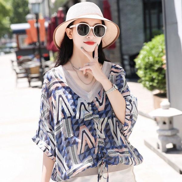 

women's blouses & shirts women spring summer style chiffon lady casual half batwing sleeve v-neck printed blusas df3807, White