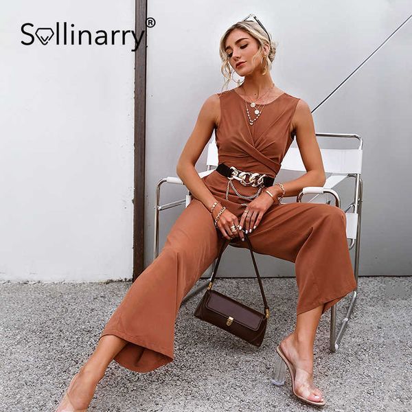 Sollinarry Brown sem mangas de perna larga calças de perna jumpsuits chique o pescoço gravata calças compridas verão playsuit elegante chiffon mulheres macacão 210709