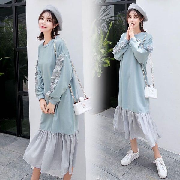 

maternity dresses wear 2021 spring and autumn round neck sweater long skirt lazy wind out nursing casual loose comfortable, White