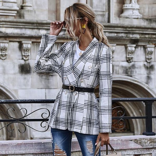 

foridol double breasted blazer jacket women plaid vintage england style business office ladies jackets autumn winter streetstyle women', White;black