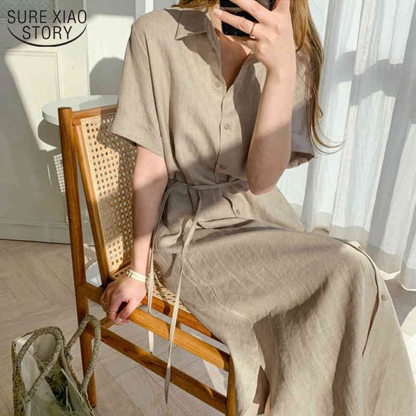 Vintage Einfache Lose Taille Einreiher Kurzarm Solide Leinen Hemd Lange Kleider Mode Frauen Kleid 9662 210508