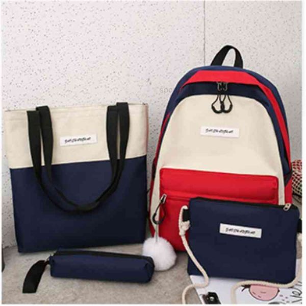

hbp non- campus q schoolbag korean color matching backpack 4-piece large capacity canvas for primary and secondary schoo htk2