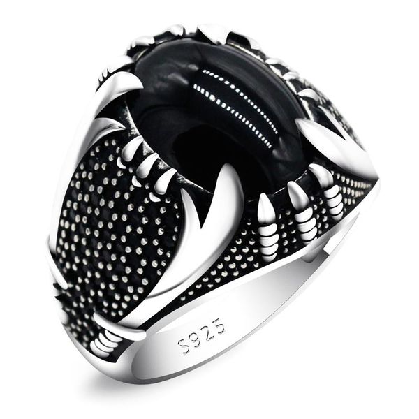 

cluster rings 925 sterling silver islamic men ring with black agate zulfiqar sword male zircon turkish muslim religion jewelry gift, Golden;silver