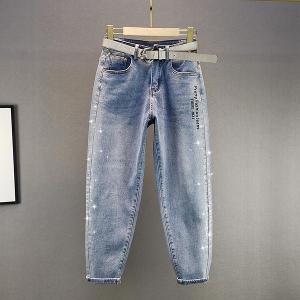 

blue sequined jeans for women 2021 spring cotton elastic high waist slimming loose denim trouser girls students harem pants women's