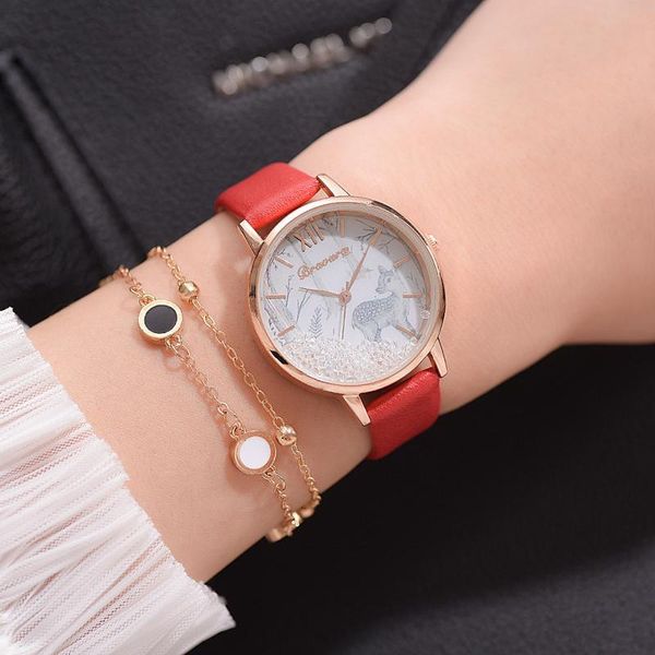

wristwatches fashion women watch deer pattern bearing roman numeral ladies simple big scale pu strap quartz wristwatch bracelet relojes, Slivery;brown
