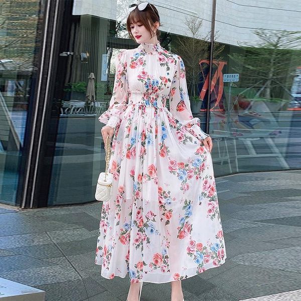 

runway summer women's fashion dress casual holiday beach party charming rose print elegant chiffon long sleeve midi dresses, Black;gray