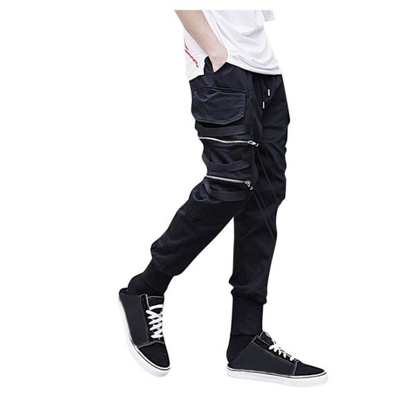 

men's pants klv men fashion style individual pure color overalls nine-minute trousers side zipper pocket, Black