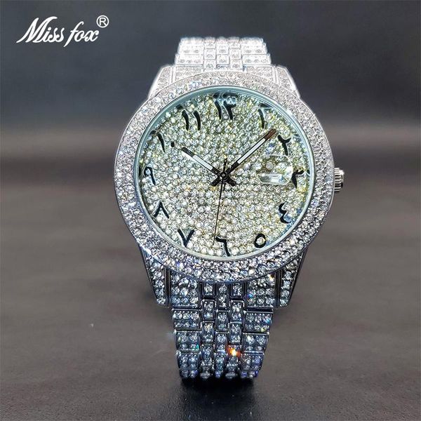 

wristwatches missfox brand watch for men iced diamond luxury bezel hip hop quartz watches dropshippong fashion gift man horloge hsomme, Slivery;brown