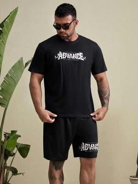 

extended sizes men slogan graphic tee & drawstring waist shorts b8fx#, Gray