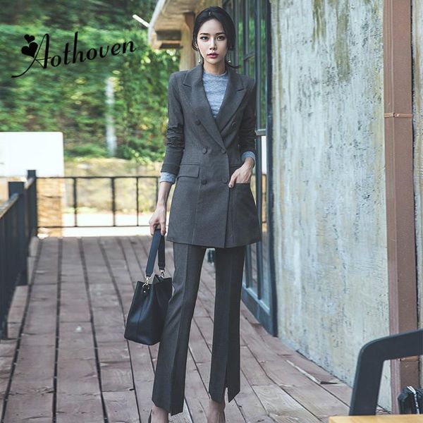 

women's two piece pants winter women suits elegant business blazer and gray striped long sleeve jacket split flared trousers set, White