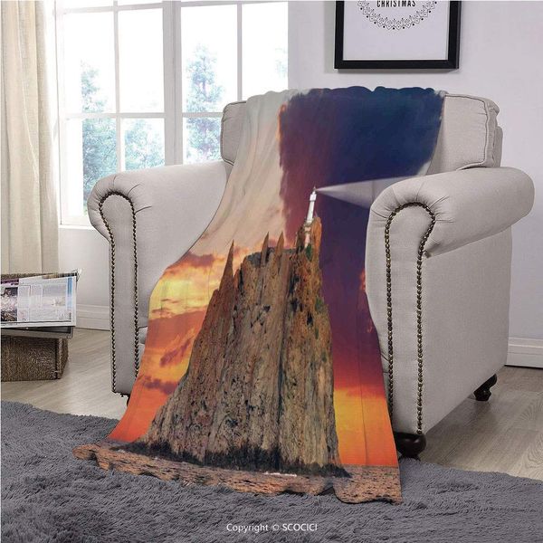 

velvet plush throw blanket super soft and cozy fleece blanket, lighthouse decor,stromboli lighthouse italy mediterranean