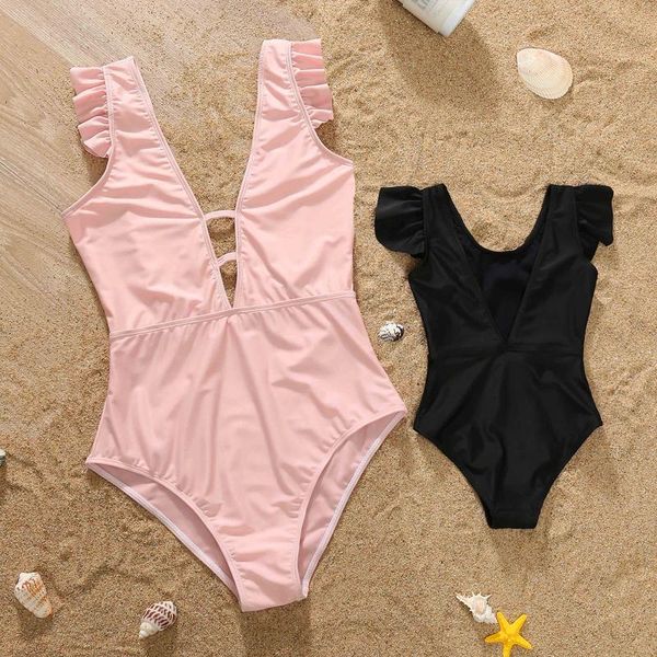 

women's swimwear one piece swimsuit women bikini set parent child family parent-child solid ruffle edge jumpsuit siamese beachwear#35, White;black