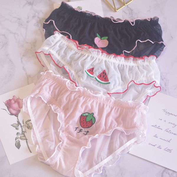 

cute cartoon fruits embroidery pattern underwear women mesh transparent panties girl student briefs female lingerie, Black;white