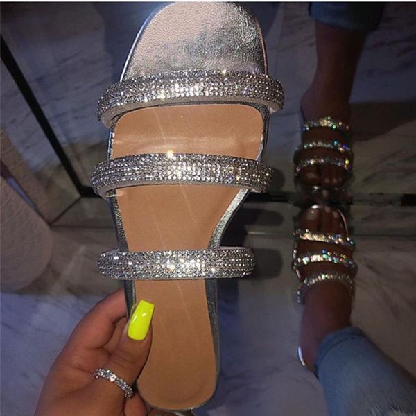 

silver pvc slippers flats female outside flip flops shoes for women rhinestone open squre toe women's, Black