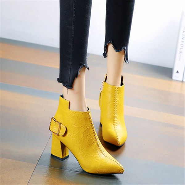 

2022 new women short bootsgirls plush winter shoesbuckle ankle botaspointed toeblock heelside zipblackyellowdropshipping, Black