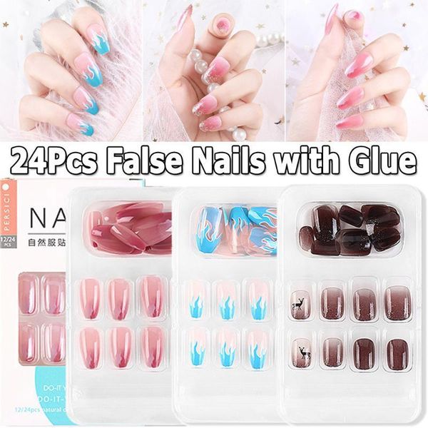 

24pcs reusable stick on nails full cover false nail artificial tips decoration with designed press for girl1, Red;gold