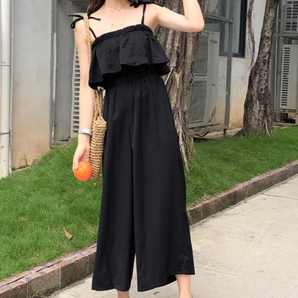 

women's jumpsuits & rompers 2021 simple jumpsuit womens casual summer solid color with buttons camisole sleeveless pure loose 5.10, Black;white