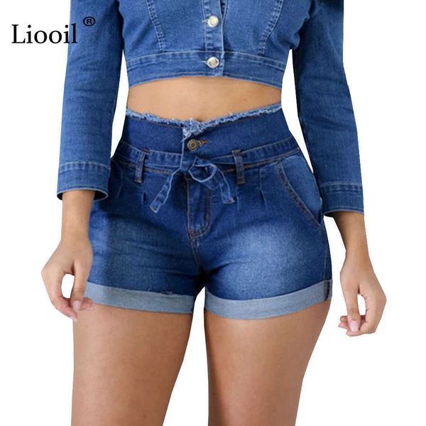 Liooil casual azul denim cintura alta shorts mulheres roupas rua streetwear lace-up sexy slim rave jean shorts com bolsos 210611