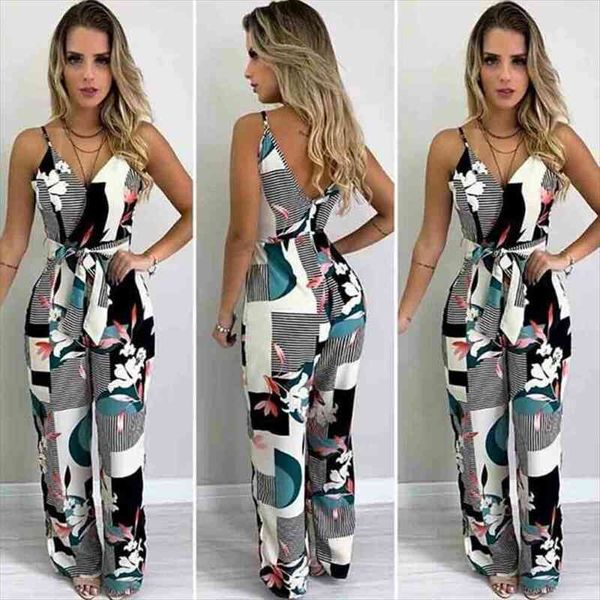 

women summer boho floral jumpsuit long trousers pants spaghetti strap v neck backless street office jumsuits clothes, Black;white