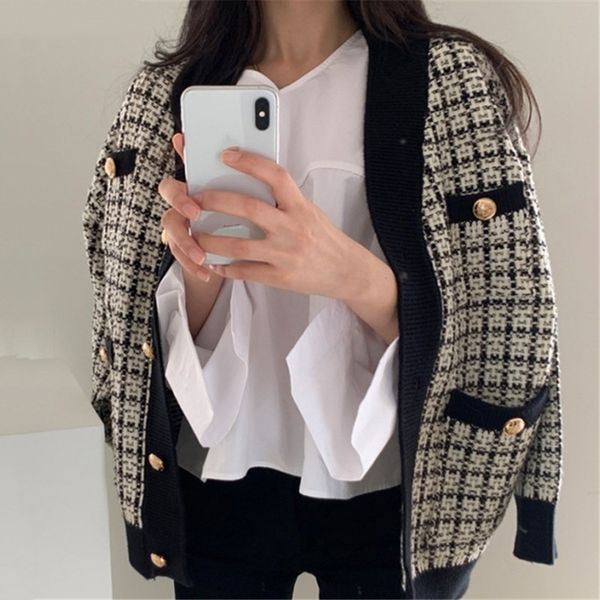 

autumn korean plaid knitted cardigans sweaters women long sleevev-neck single-breasted elegant vintage cardigans femme 210515, White