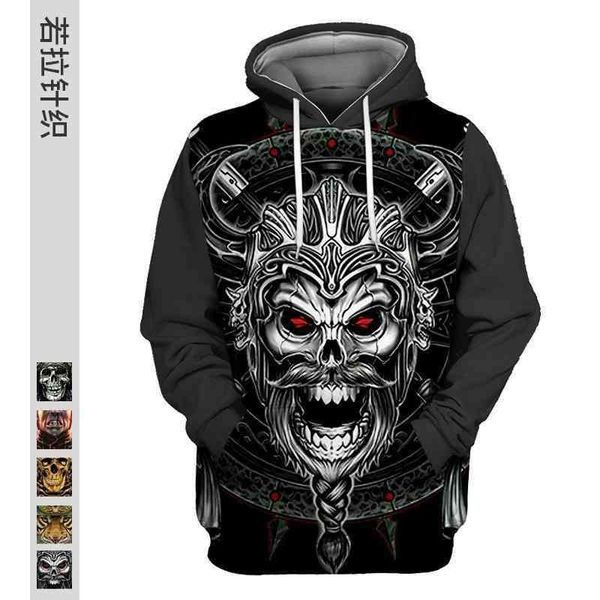 

autumn new 3d printed men's hooded sweater trendy skull hoodie jacket, Black