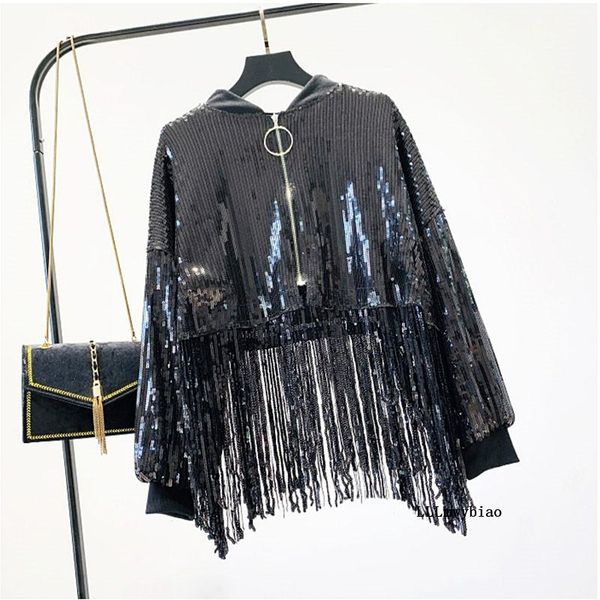 

women's jackets 2021 autumn heavy industry sequined bomber jacket women high waist punk loose streetwear long tassel short black coat z, Black;brown