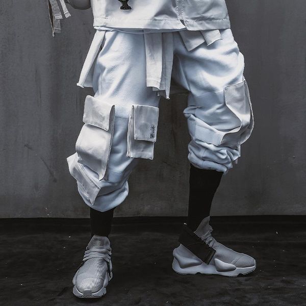 

men's pants streetwear 2021 cargo elastic waist multi pockets joggers pant man harajuku punk tactical trousers wb063, Black