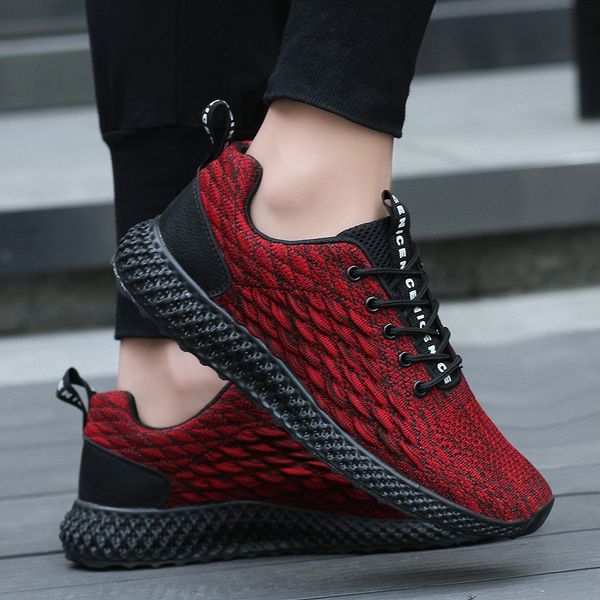 

new mens flying woven fish scale pattern sports casual running shoes solid color lace-up sneakers soft flat running shoes men