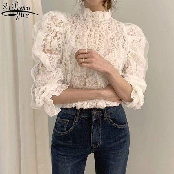 

spring mesh lace blouse women korean chic puff sleeve micro-through shirt fashion stand collar floral ladies 13457 210427, White