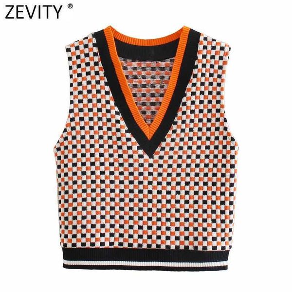 Zevidade mulheres vintage v neck contrast cor xadrez de tricô camisola feminina sem mangas casual colete chique tops sw693 210603