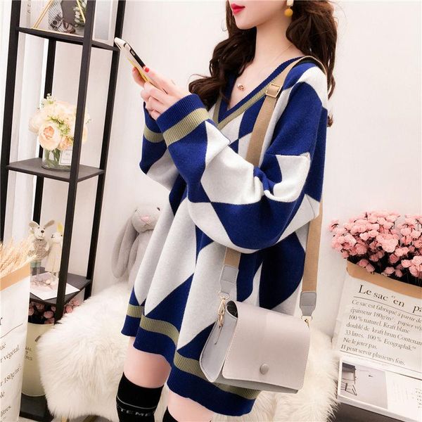 

women's sweaters 2021 korean style autumn winter women argyle pattern pullovers female casual loose v-neck knitted woman jumper w712, White;black