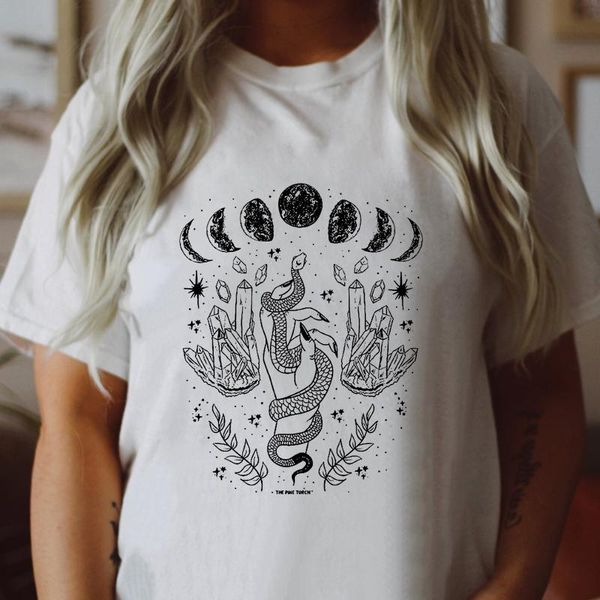

women's t-shirt mystical moon with snake trendy phases witch tshirt camiseta fashion women crescent graphic tee shirt, White