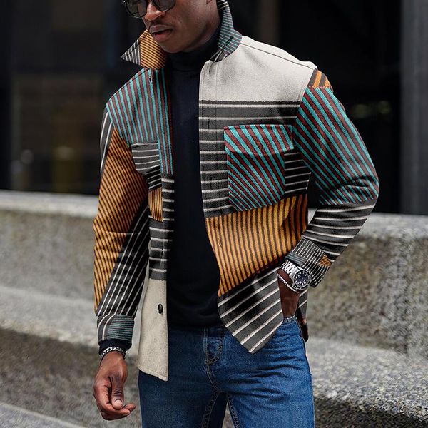 

men's jackets fashion men striped patchwork coats for mens 2021 autumn winter casual turn-down collar buttoned-up outerwear harajuku, Black;brown