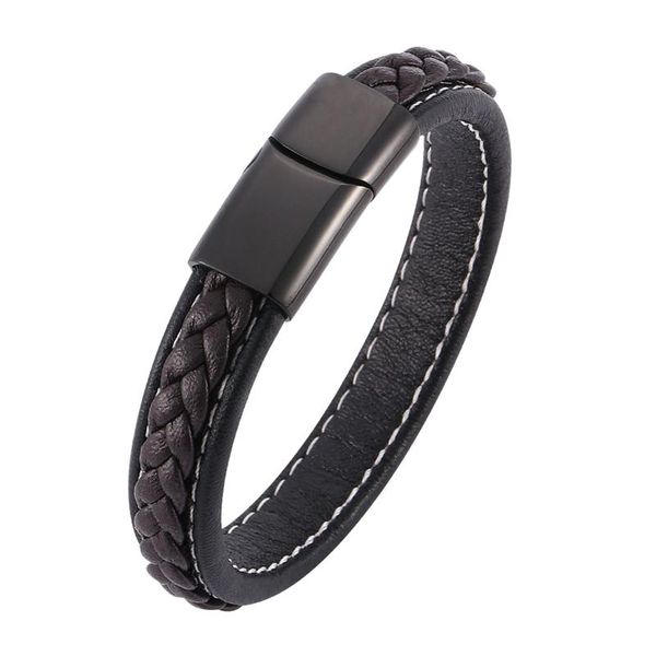 

charm bracelets leather of men brown black braided stainless steel clasp punk bangles wristband gift bb0012, Golden;silver